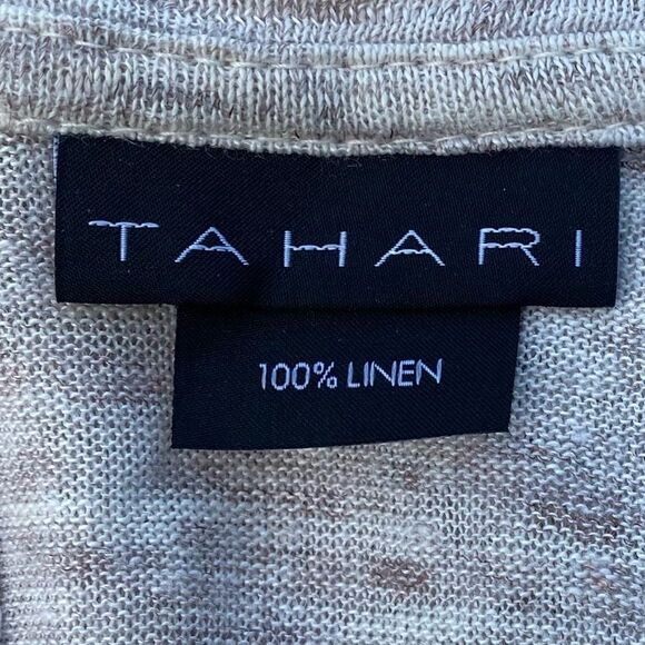 Tahari Beige 100% Linen Scoop Neck Button Back Short Sleeve Top SM Cottagecore - Picture 3 of 6